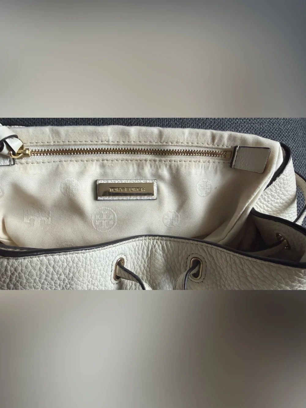 Tory Burch Cream Pebbled Leather Backpack with Embossed Logo